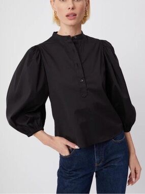 The Shirt by Rochelle Behrens Black Puff Sleeve Blouse Cotton Stretch Size M